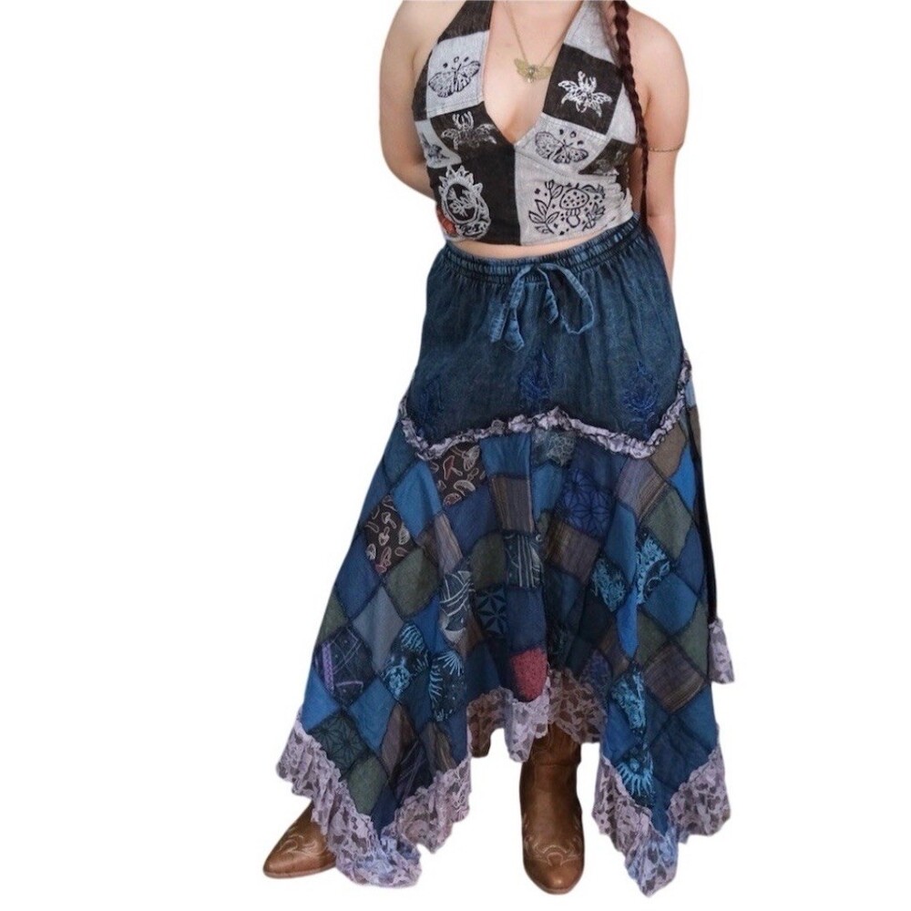 Patchwork Boho Midi Skirt Free Size Blue Gypsy Hippie Celestial Festival